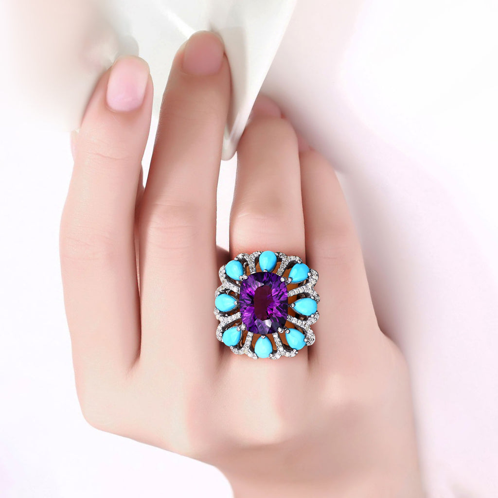 Amethyst Ring With Turquoise 10.6 Carats Sterling Silver