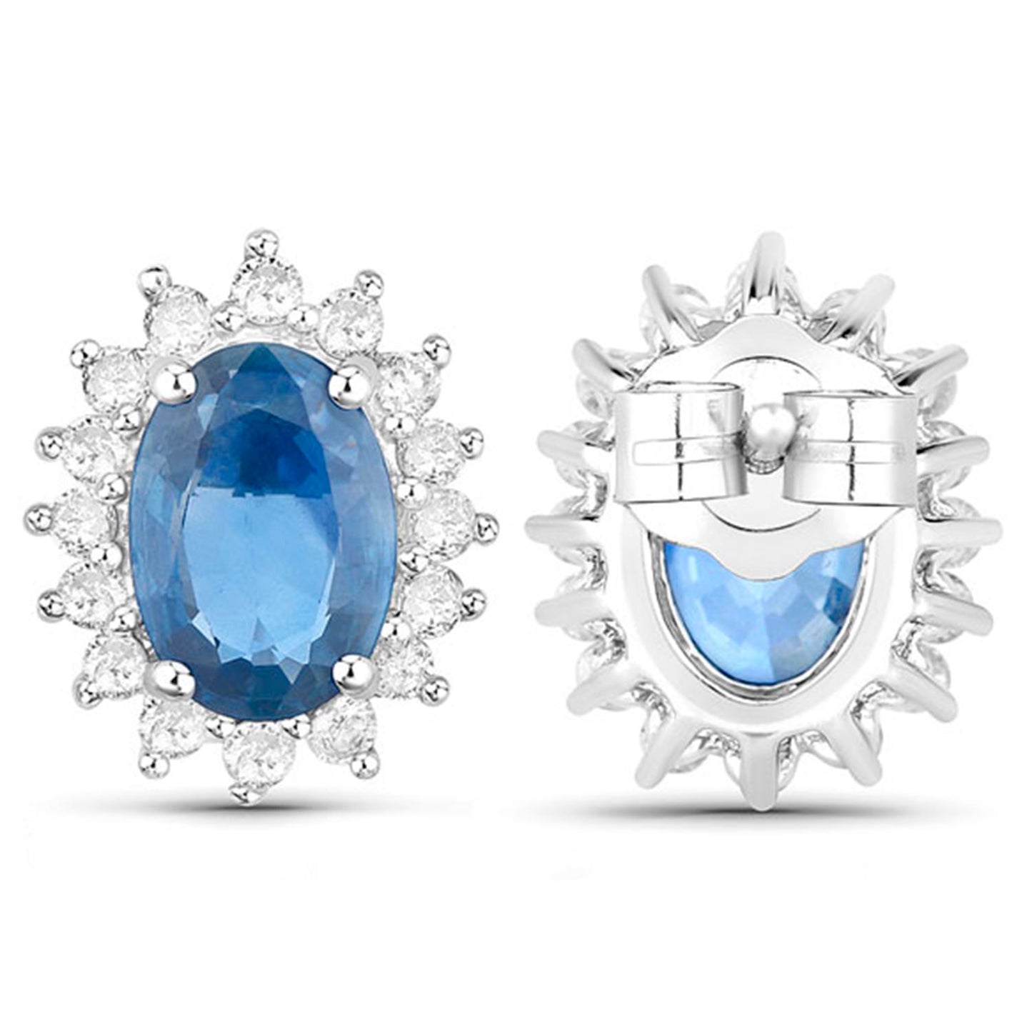 Blue Sapphire Earrings Halo Diamonds 2.2 Carats 14K White Gold