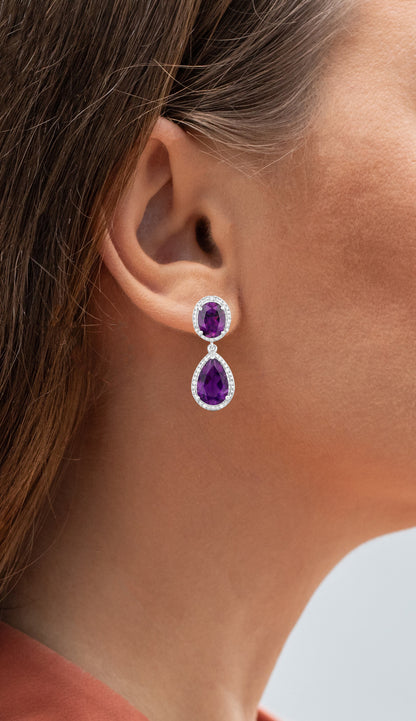 Natural Amethyst Dangle Earrings With Diamonds 8.45 Carats Total