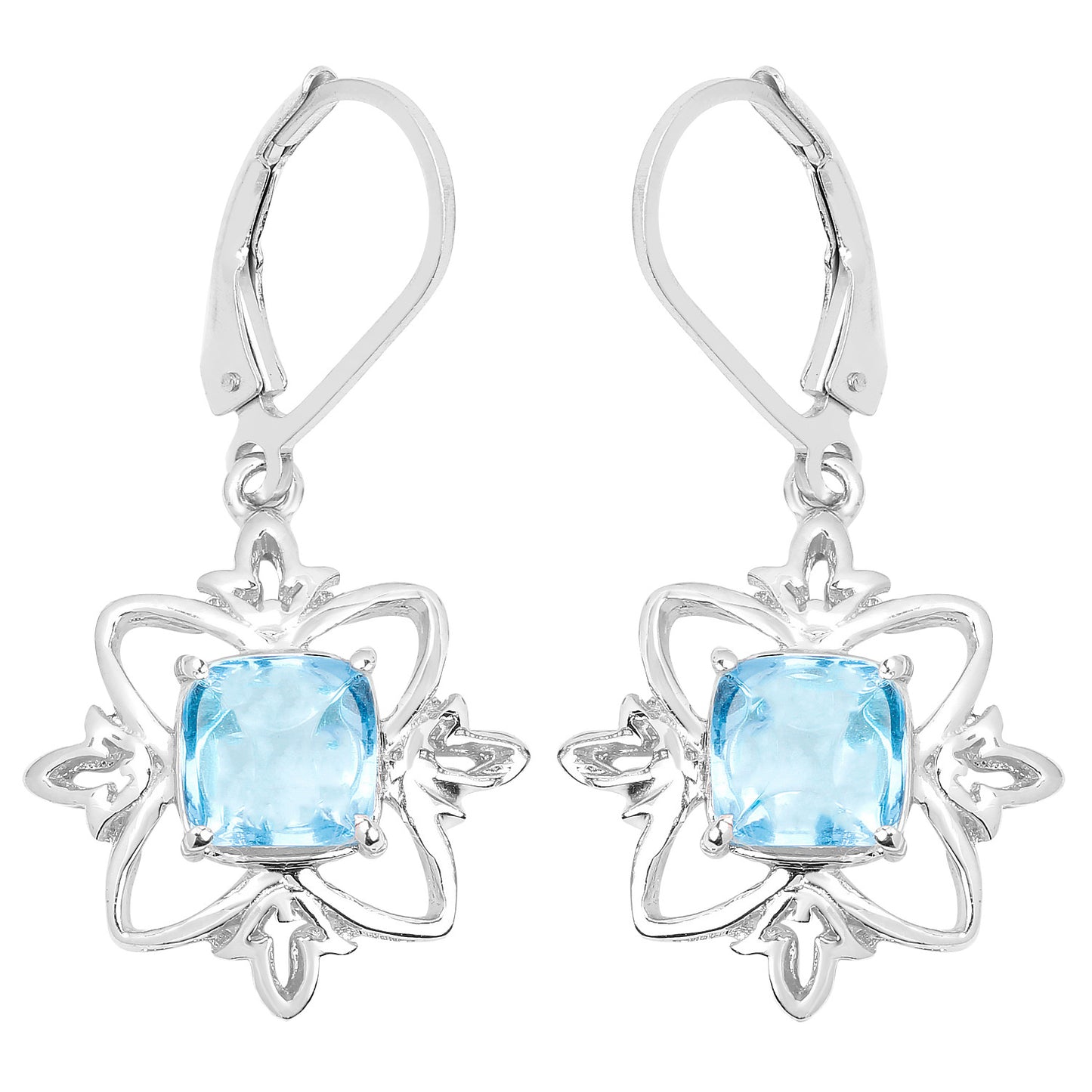 Swiss Blue Topaz Dangle Earrings 5.3 Carats Rhodium Plated Silver