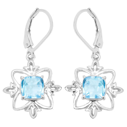 Swiss Blue Topaz Dangle Earrings 5.3 Carats Rhodium Plated Silver