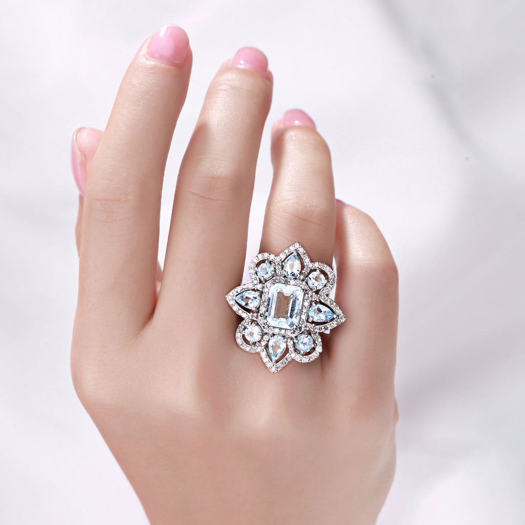 Blue Topaz Ring With Aquamarine 8.08 Carats Sterling Silver