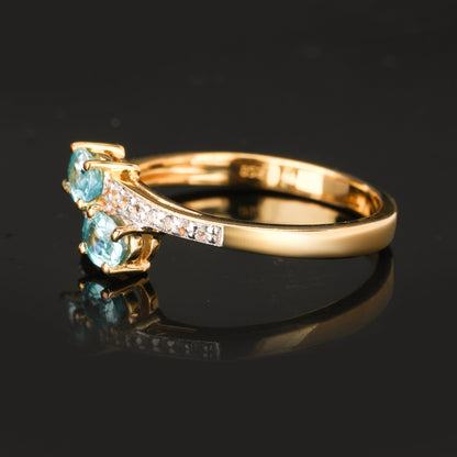 Natural Blue Zircon Ring With White Topaz 1.24 Carats Gold Plated Silver