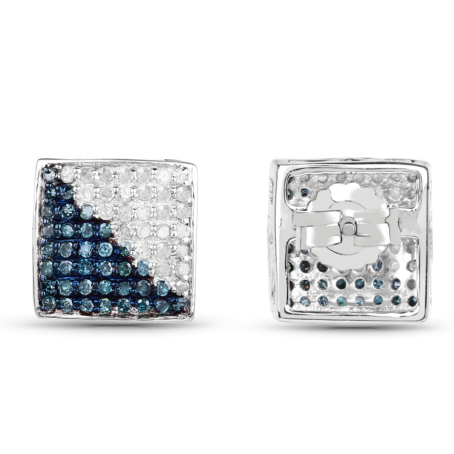 Blue and White Diamond Cluster Earrings 0.64 Carats Sterling Silver