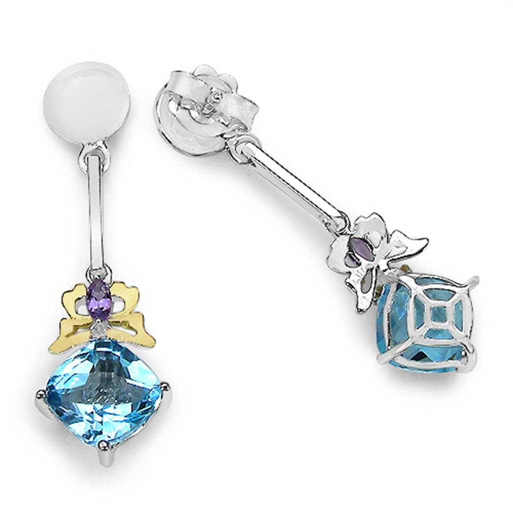 Blue Topaz Earrings With Amethyst 5.51 Carats Sterling Silver