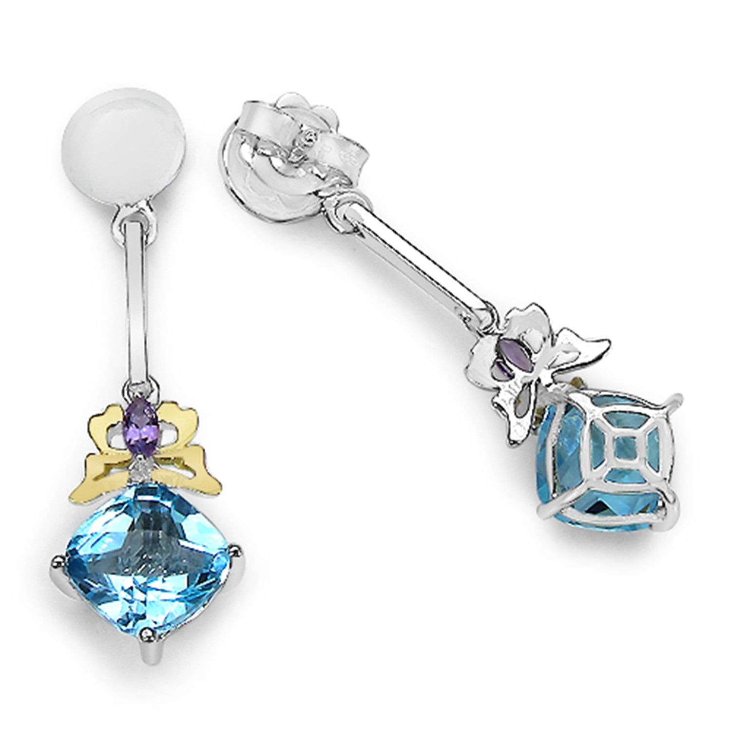Blue Topaz Earrings With Amethyst 5.51 Carats Sterling Silver