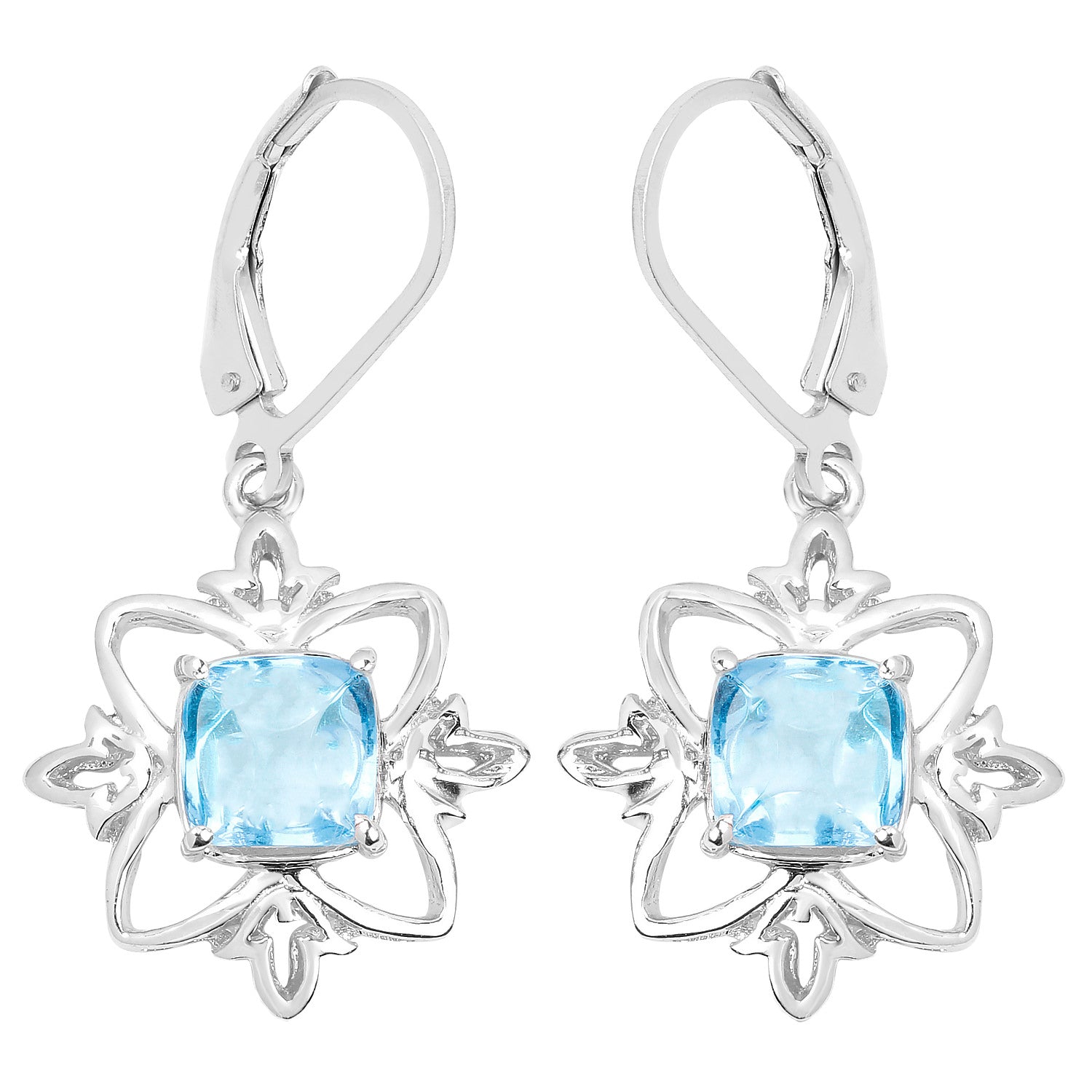 Swiss Blue Topaz Dangle Earrings 5.3 Carats Rhodium Plated Silver