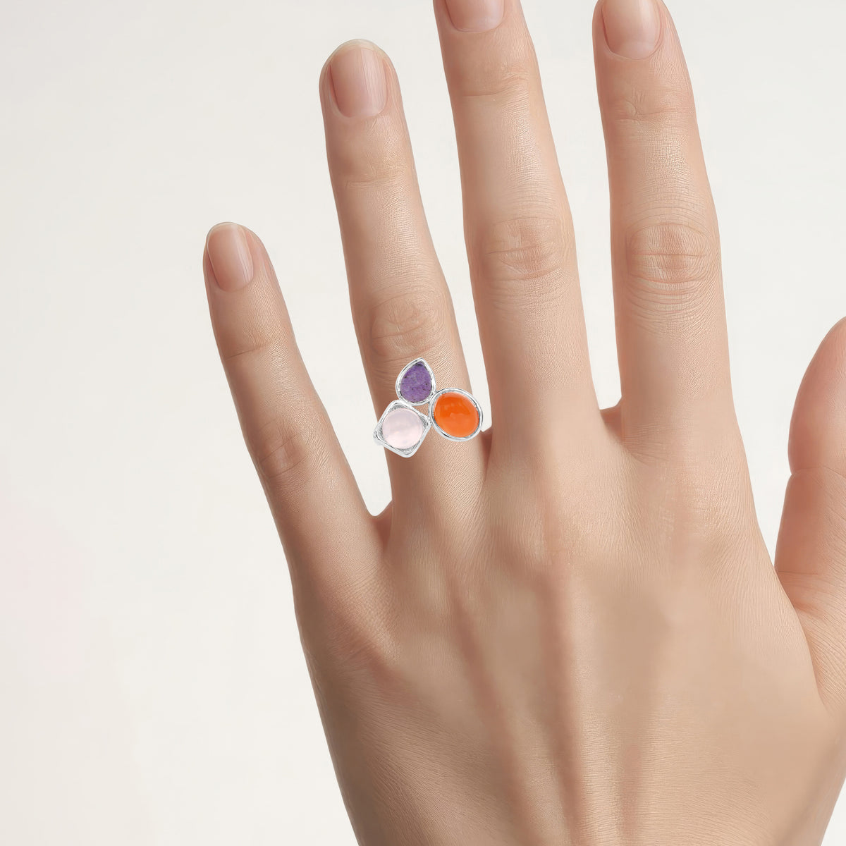 Carnelian Ring With Rose Quartz and Charoite 5.16 Carats Sterling Silver
