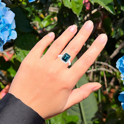 London Blue Topaz Ring Diamond Halo 3.89 Carats