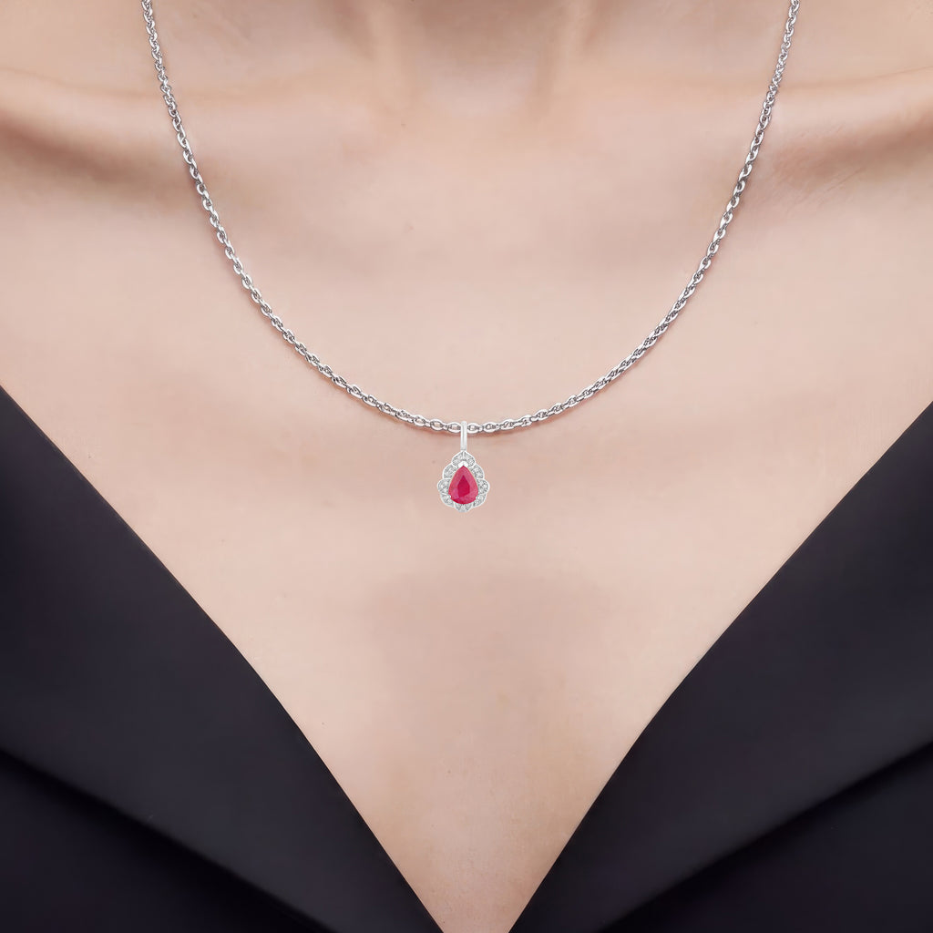 Ruby Pendant With Diamonds 1.26 Carats 14K White Gold