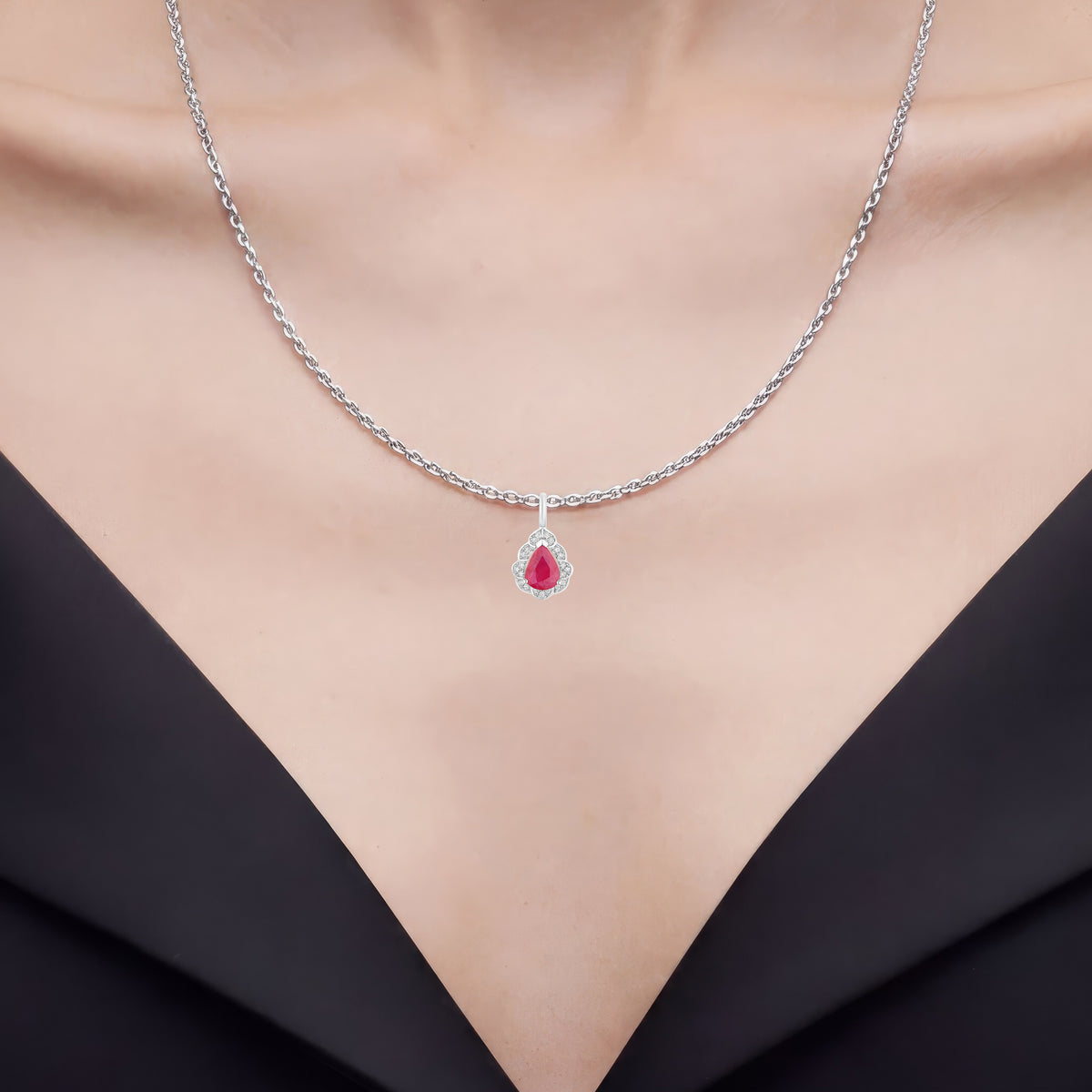 Ruby Pendant With Diamonds 1.26 Carats 14K White Gold
