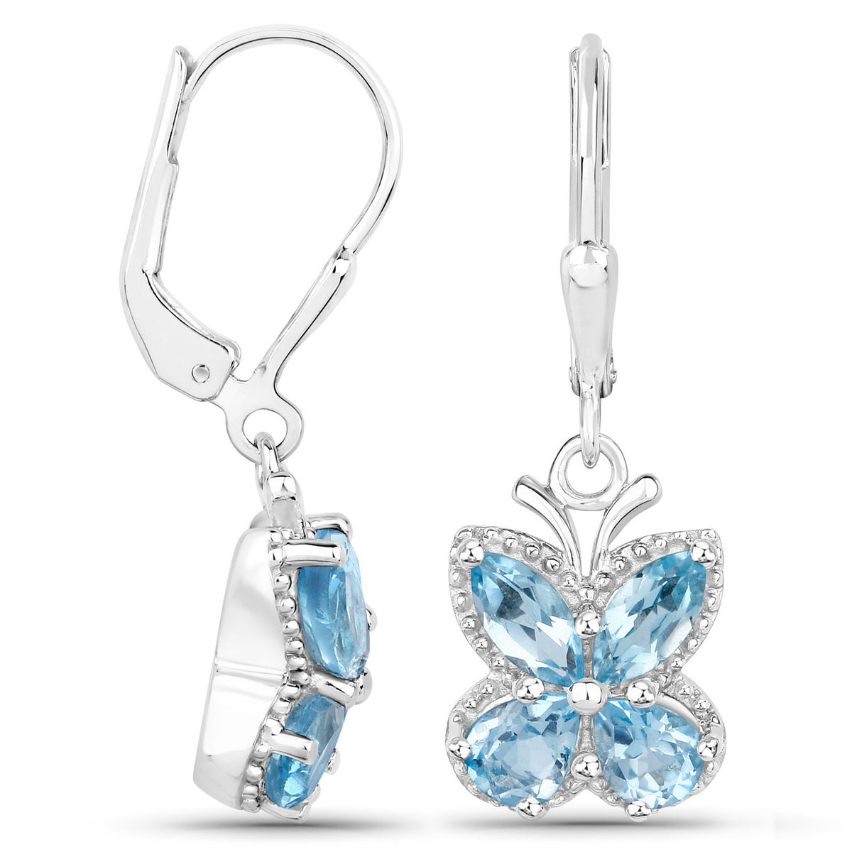 Swiss Blue Topaz Butterfly Earrings 2.68 Carats Sterling Silver