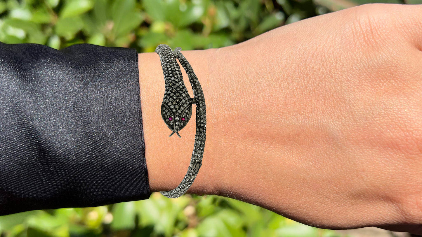 Black Diamond Pave Snake Bracelet Ruby Eyes 6.36 Carats