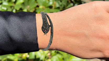 Black Diamond Pave Snake Bracelet Ruby Eyes 6.36 Carats