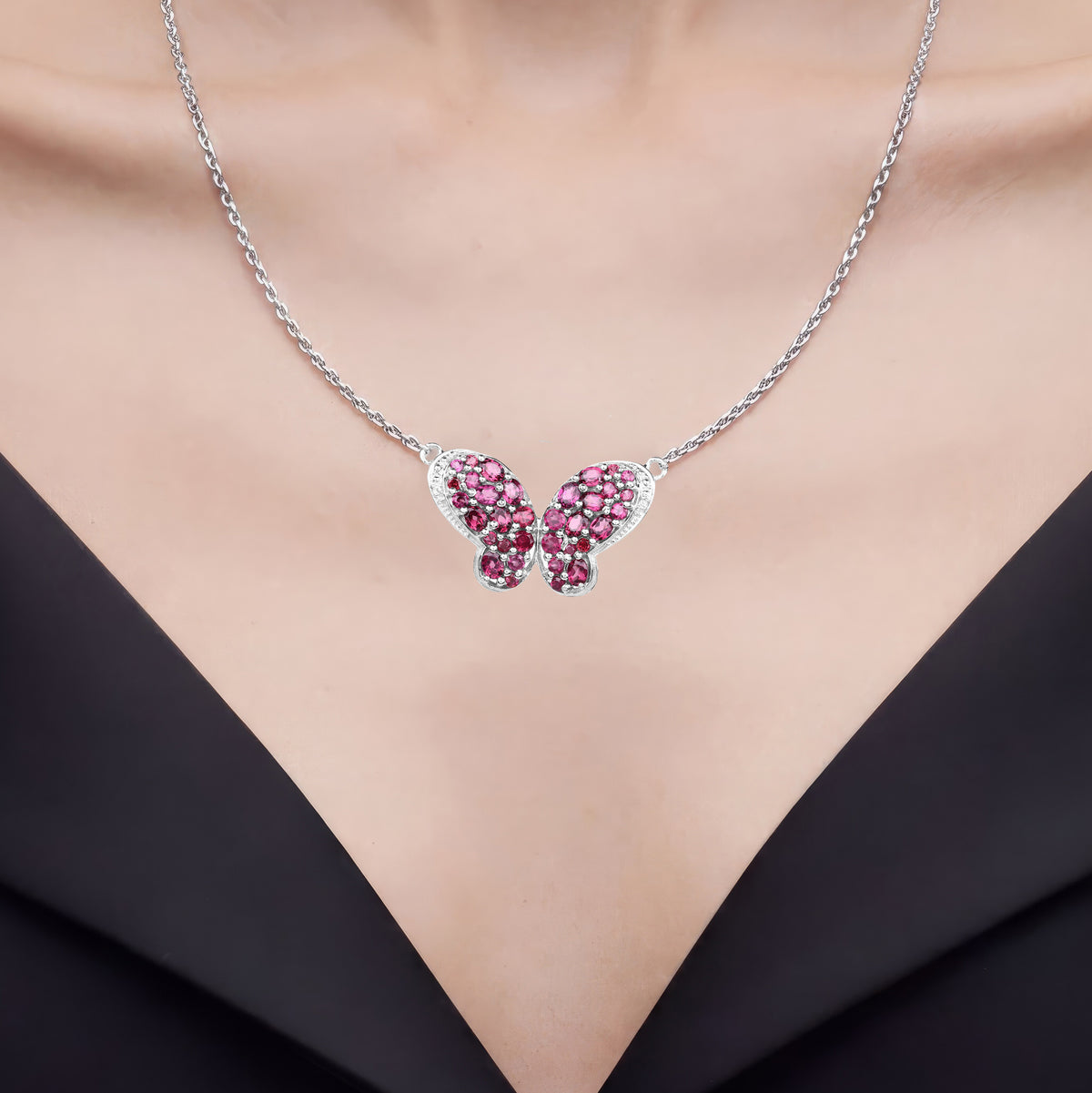 Rhodolite Garnet Butterfly Pendant With White Topaz 4.06 Carats Sterling Silver