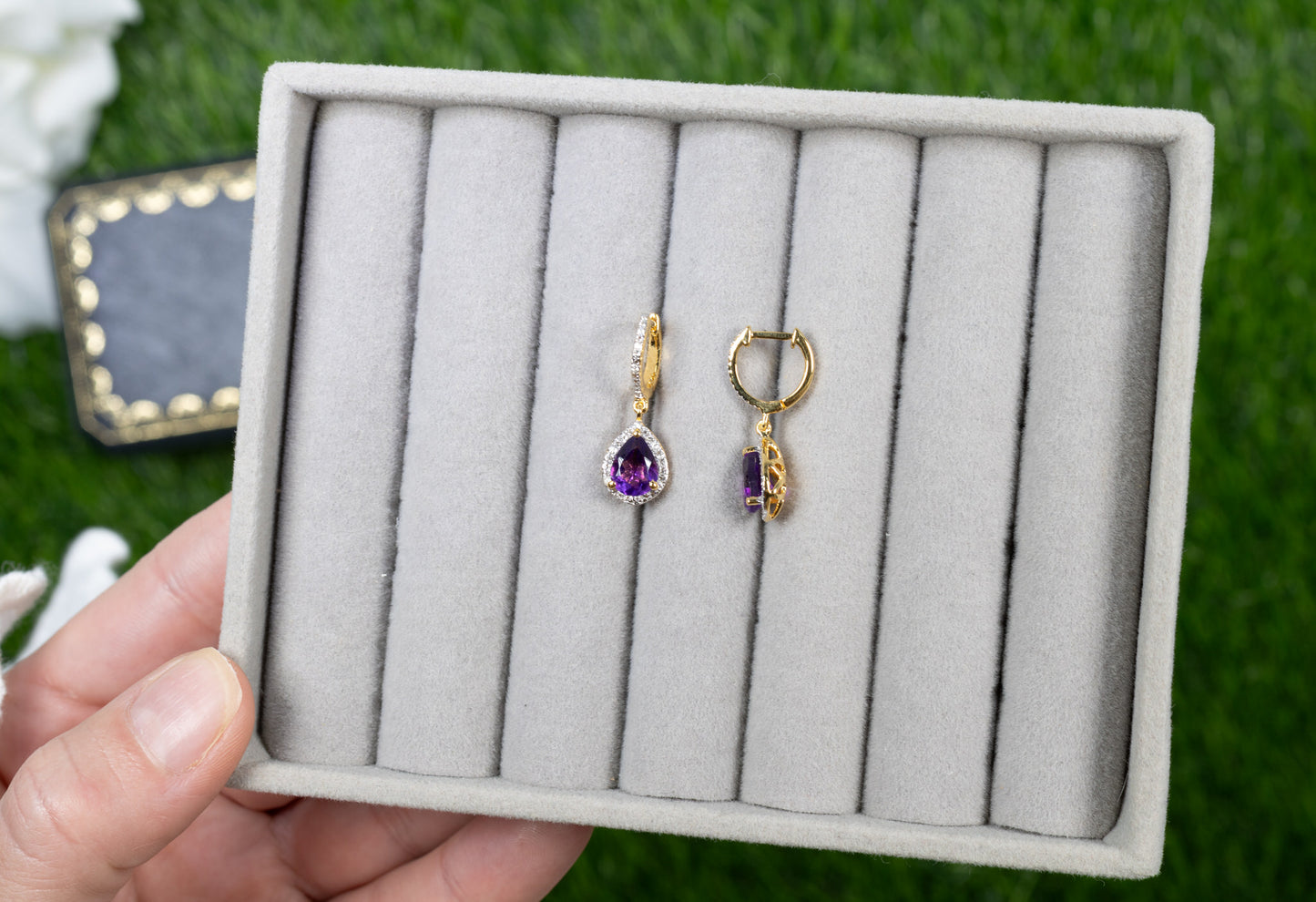 Amethyst Dangle Earrings White Topaz 2.28 Carats 18K Yellow Gold Plated Silver