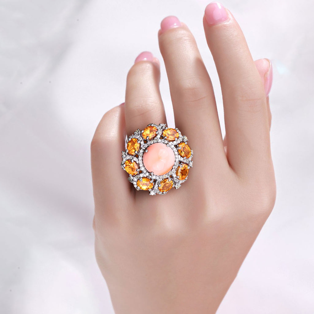 Coral Ring With Spessartite Garnet 7.52 Carats Sterling Silver