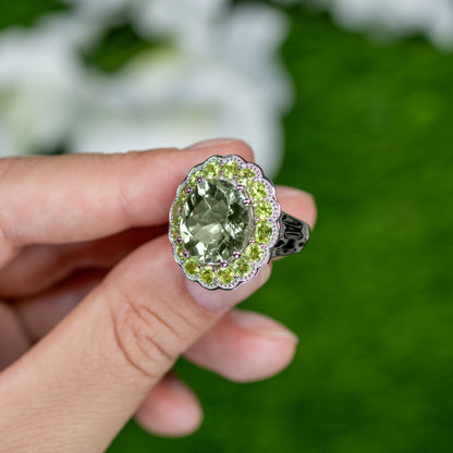 Green Amethyst Cocktail Ring Peridot Halo 7.18 Carats Sterling Silver