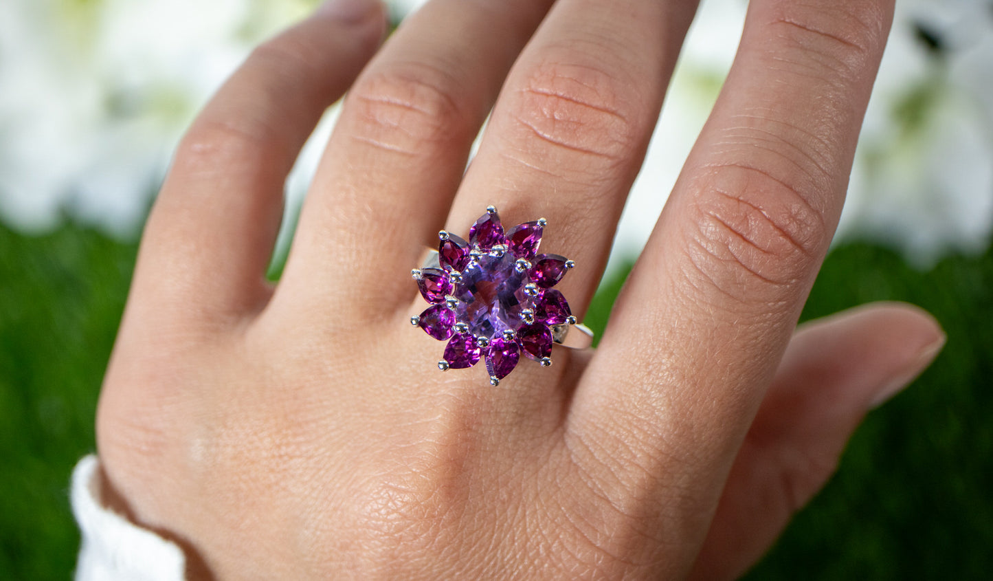 Amethyst Ring With Rhodolite Garnet 5.62 Carats Sterling Silver