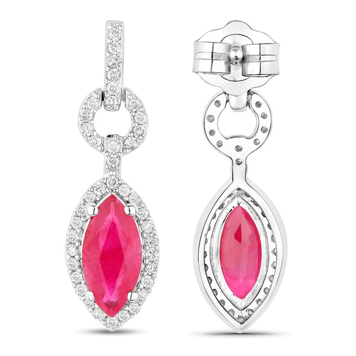 Ruby Earrings Diamonds 1.2 Carats 14K White Gold
