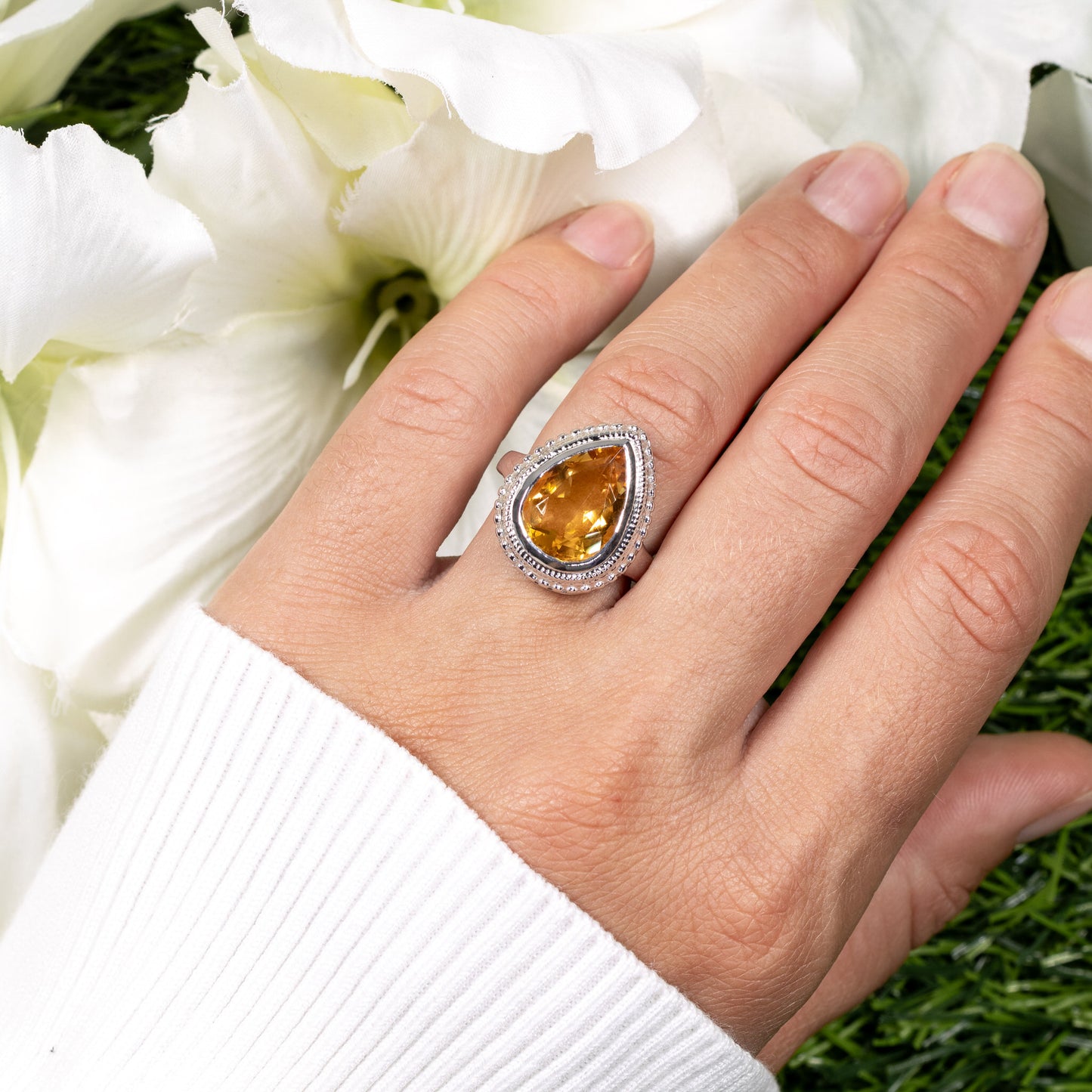 Citrine Ring Pear Cut 4.38 Carats Sterling Silver
