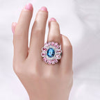 London Blue Topaz Ring With Pink Tourmaline 7.38 Carats Sterling Silver
