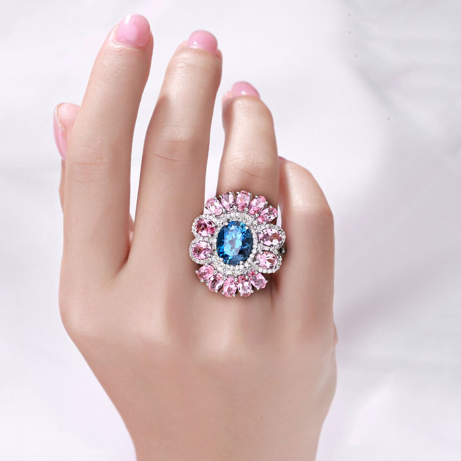 London Blue Topaz Ring With Pink Tourmaline 7.38 Carats Sterling Silver