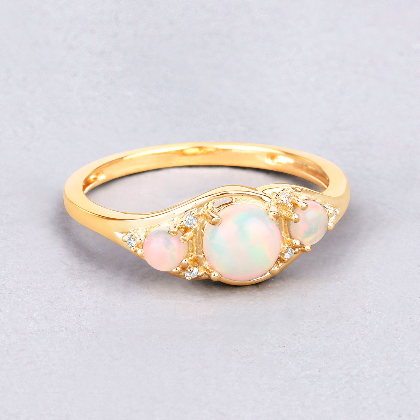 Ethiopian Opal Three Stone Ring Diamonds 14K Yellow Gold