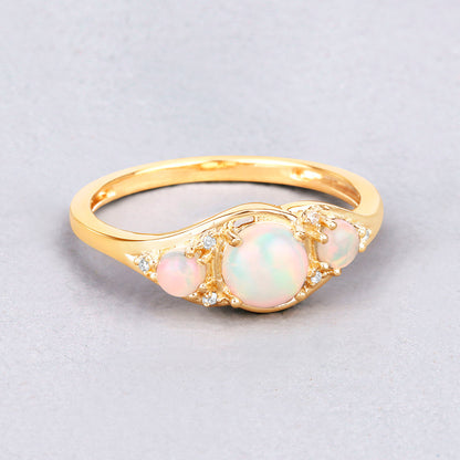 Ethiopian Opal Three Stone Ring Diamonds 14K Yellow Gold