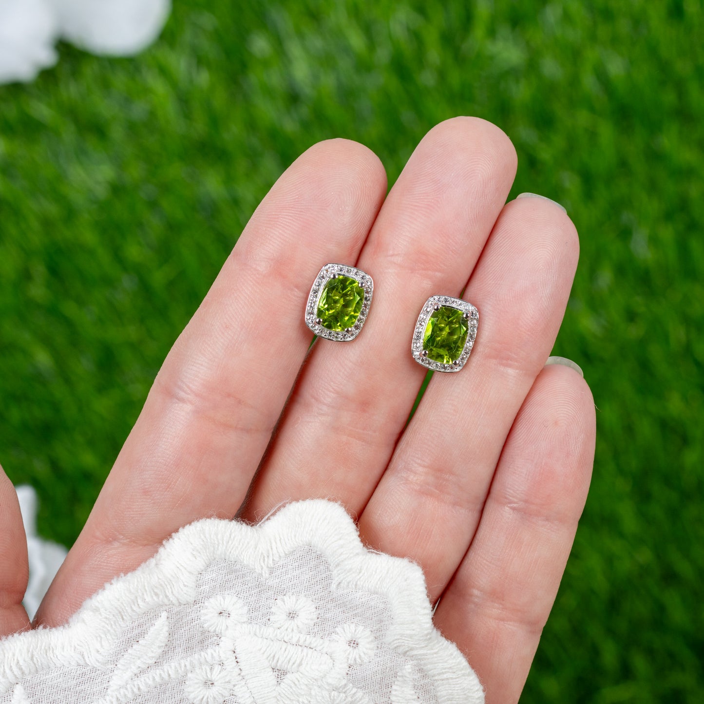 Peridot Stud Earrings White Topaz Halo 3 Carats Sterling Silver