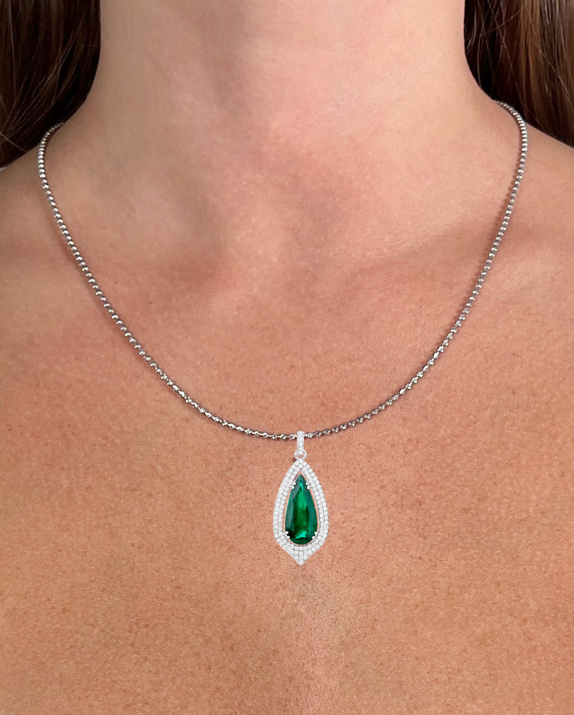 IGI Certified Zambian Emerald Necklace With Diamonds 5.37 Carats 14K White Gold