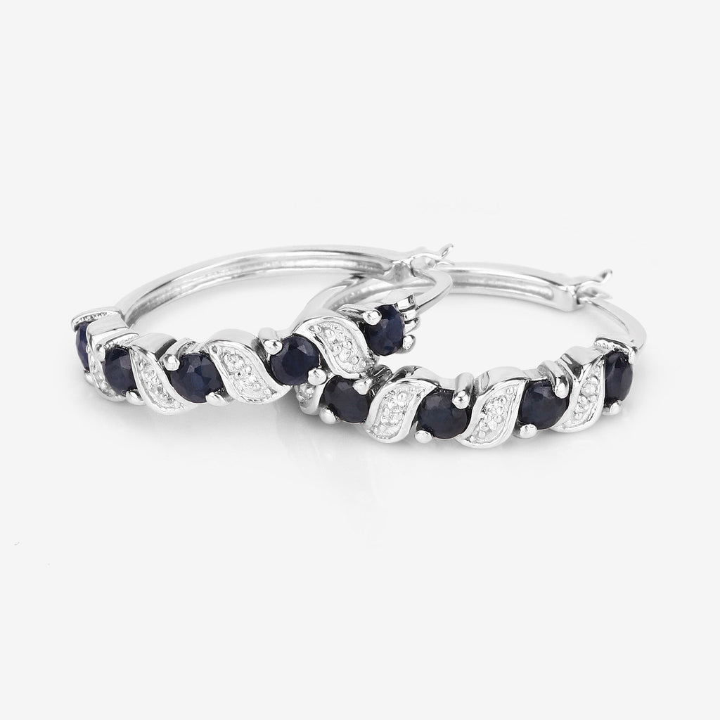 Blue Sapphire Hoop Earrings With White Topaz 1.24 Carats Sterling Silver