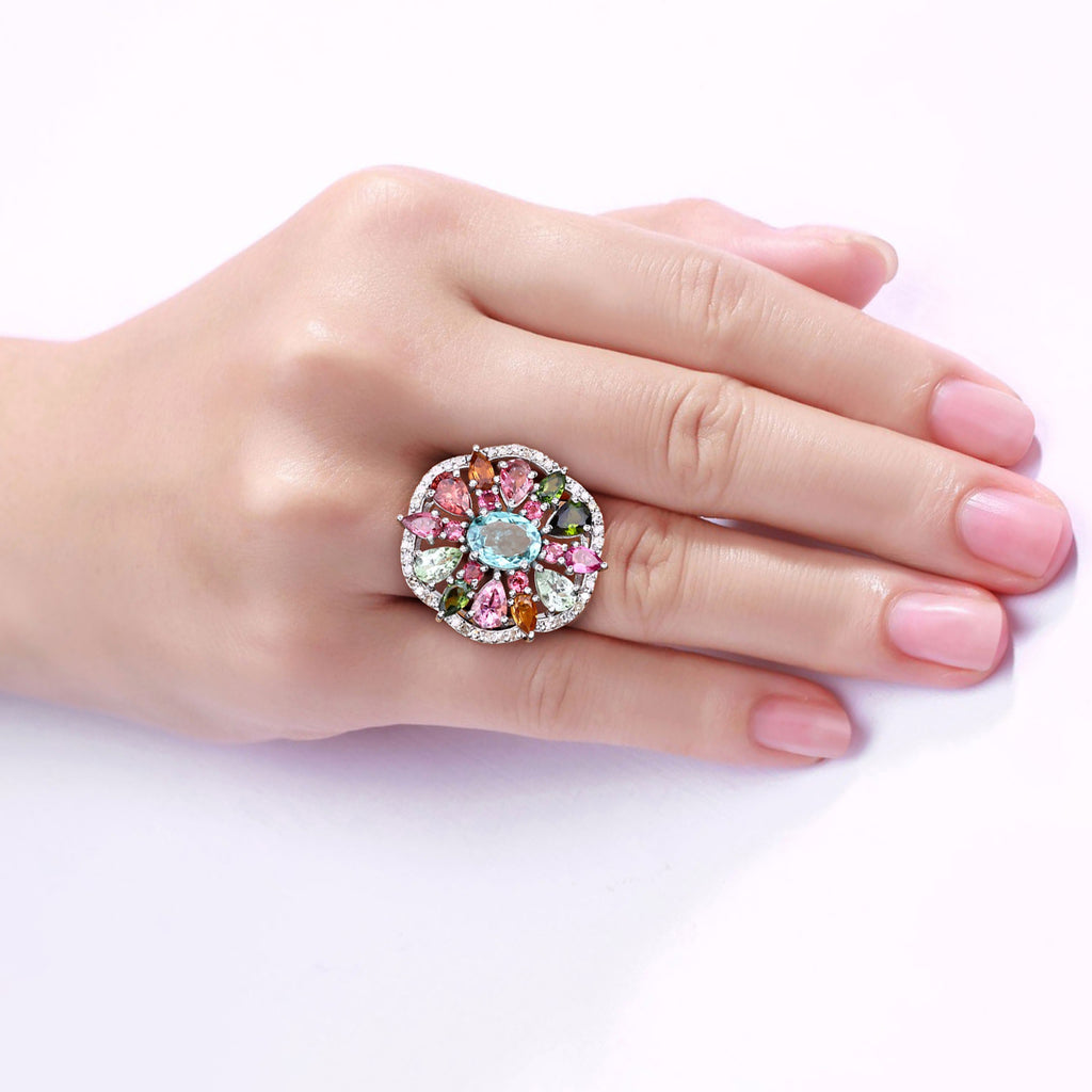 Multicolor Tourmaline Ring With Diamonds 5.1 Carats Sterling Silver