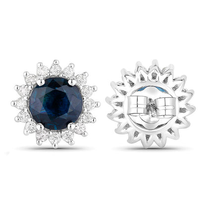 Blue Sapphire Halo Earrings Diamonds 2.3 Carats 14K White Gold