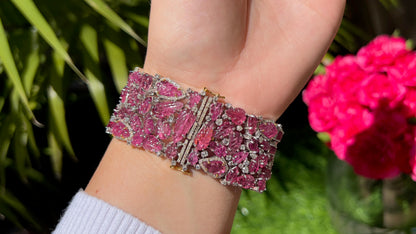 Hand Carved Pink Tourmaline Bracelet Set With Diamonds 82 Carats Total