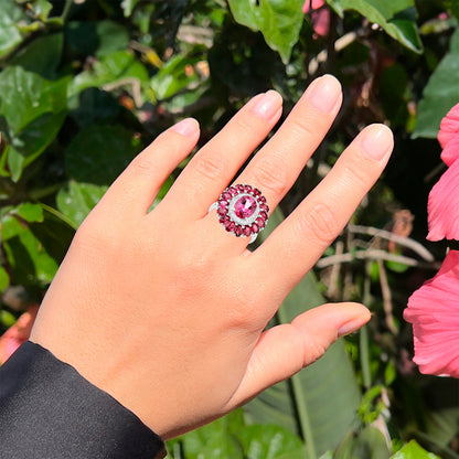 Pink Topaz Flower Cocktail Ring Rhodolite Halo 5.5 Carats