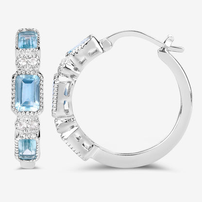 Blue Topaz Hoop Earrings With White Topaz 2.6 Carats Sterling Silver