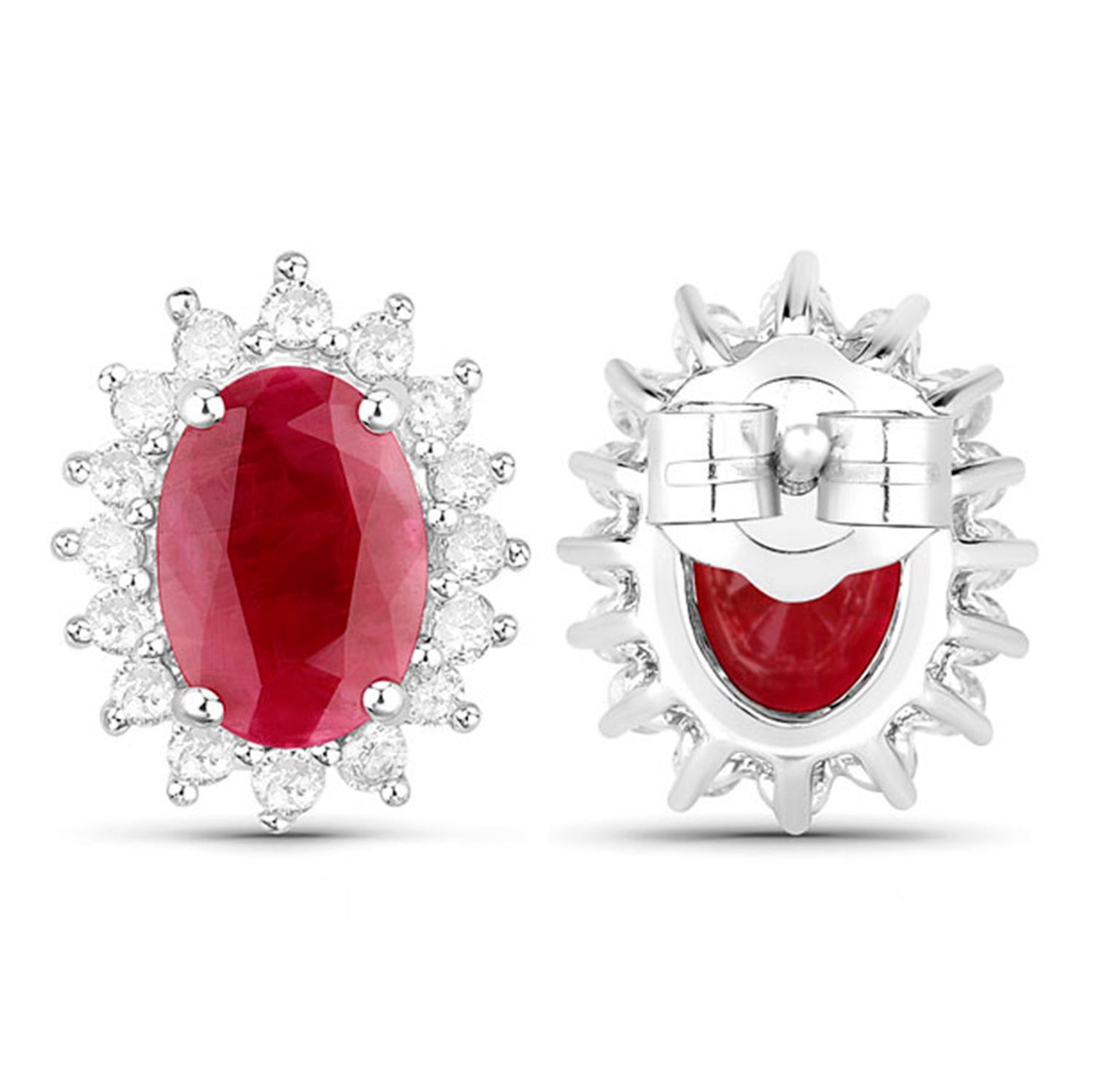 Ruby Earrings Halo Diamonds 2 Carats 14K White Gold