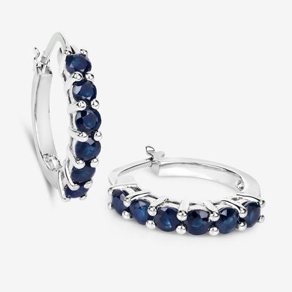 Natural Blue Sapphire Hoop Earrings 1.3 Carats Sterling Silver