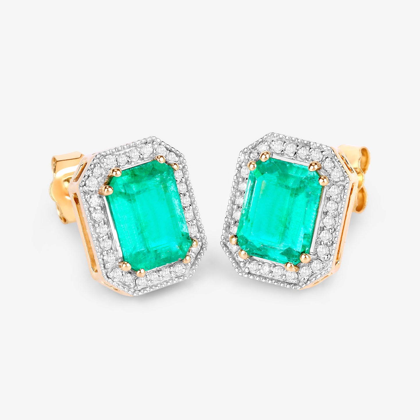 Ethiopian Emerald Stud Earrings Diamond Halo 2.9 Carats 14K Yellow Gold