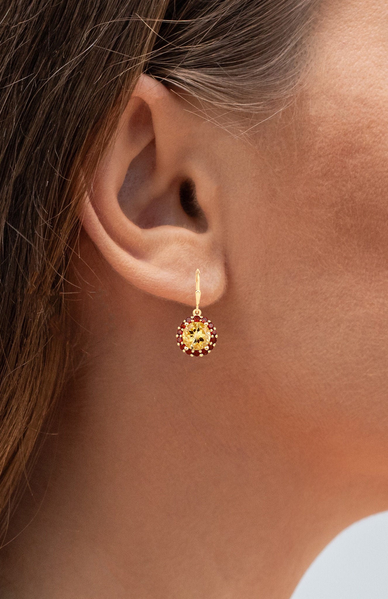 Citrine Earrings With Garnet 8.4 Carats Gold Plated Silver