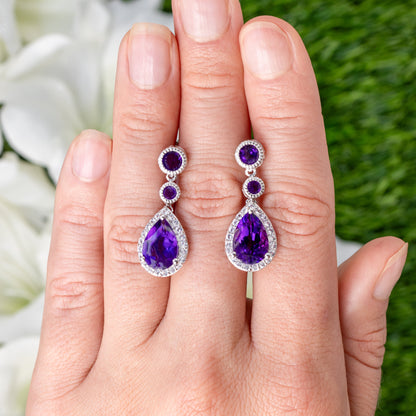 Amethyst Dangle Earrings White Topaz 6.98 Carats 18K White Gold Plated Silver