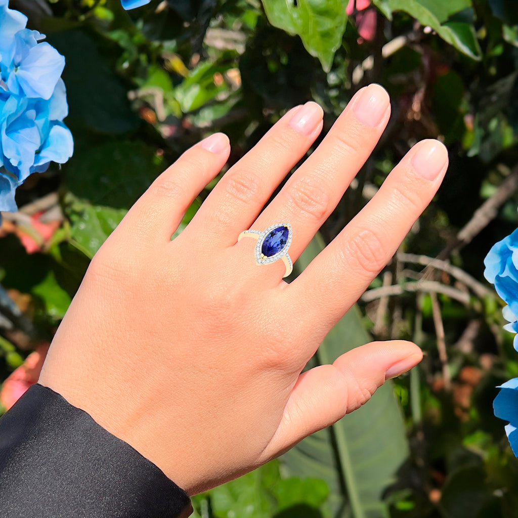 Tanzanite Cocktail Ring Diamond Halo 2.3 Carats Total 14K Gold