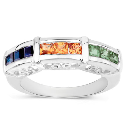 Multicolored Sapphires Ring Green Orange Blue Sterling Silver