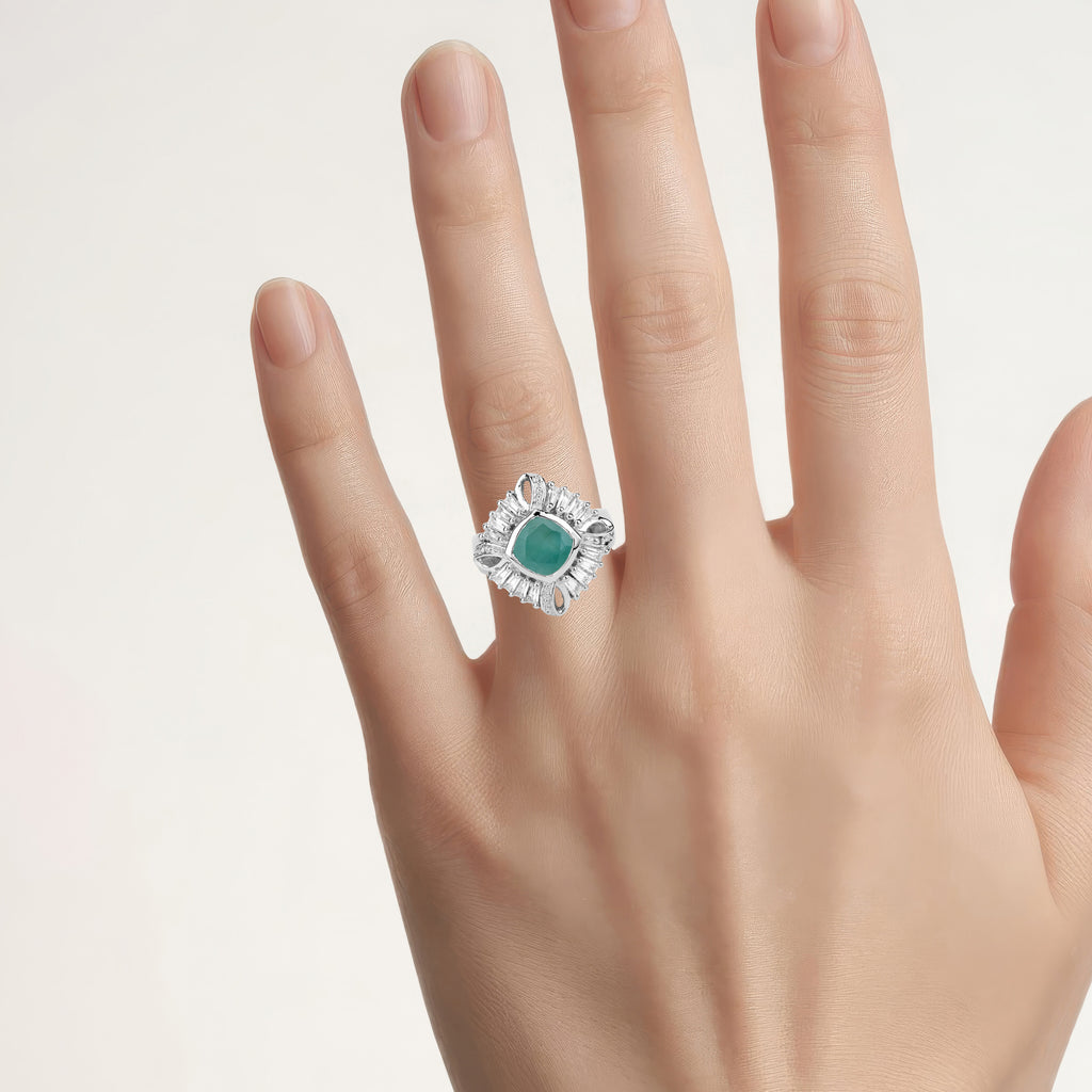 Emerald Ring With White Topaz and Diamonds 2.53 Carats Sterling Silver