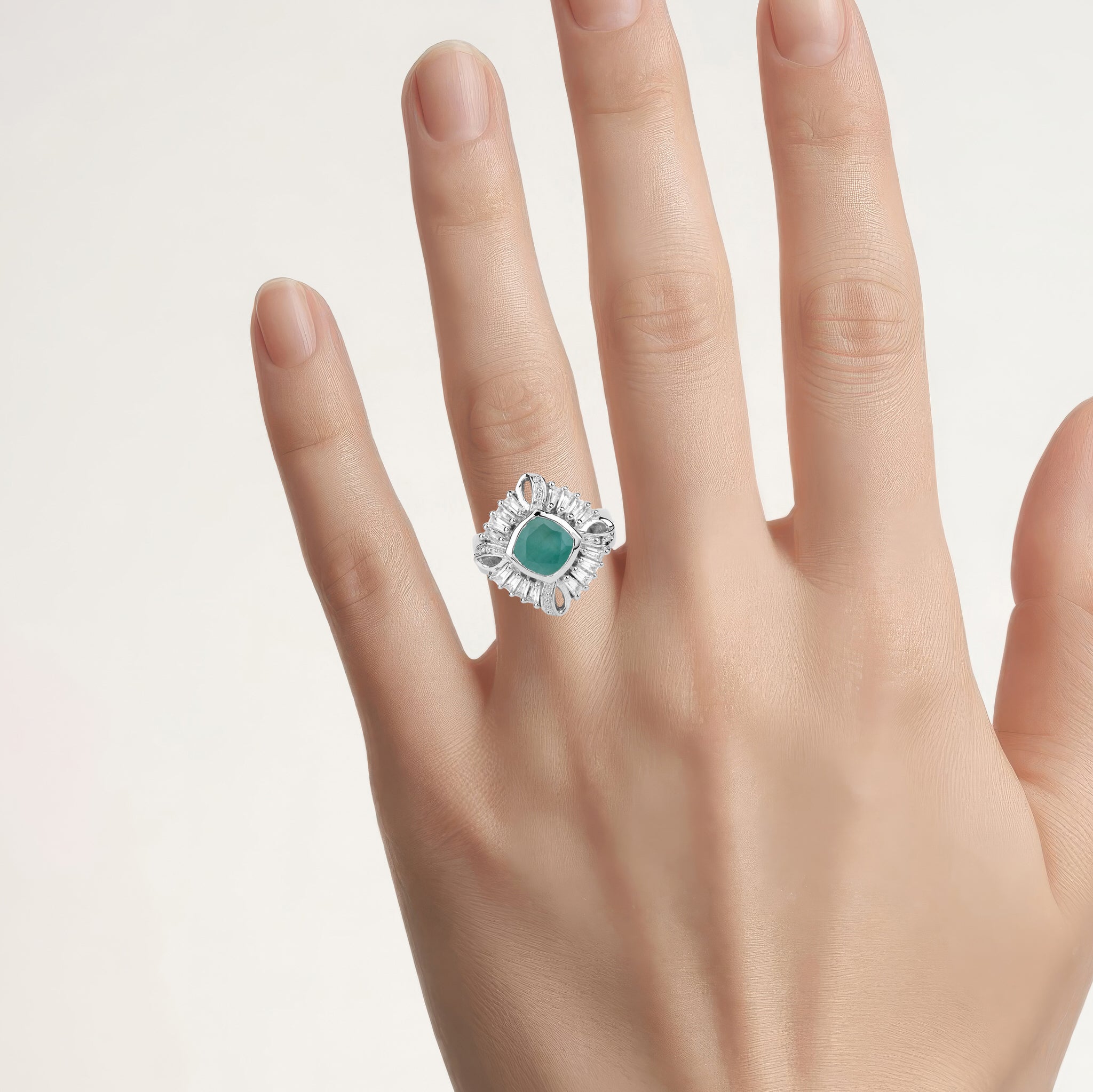Emerald Ring With White Topaz and Diamonds 2.53 Carats Sterling Silver