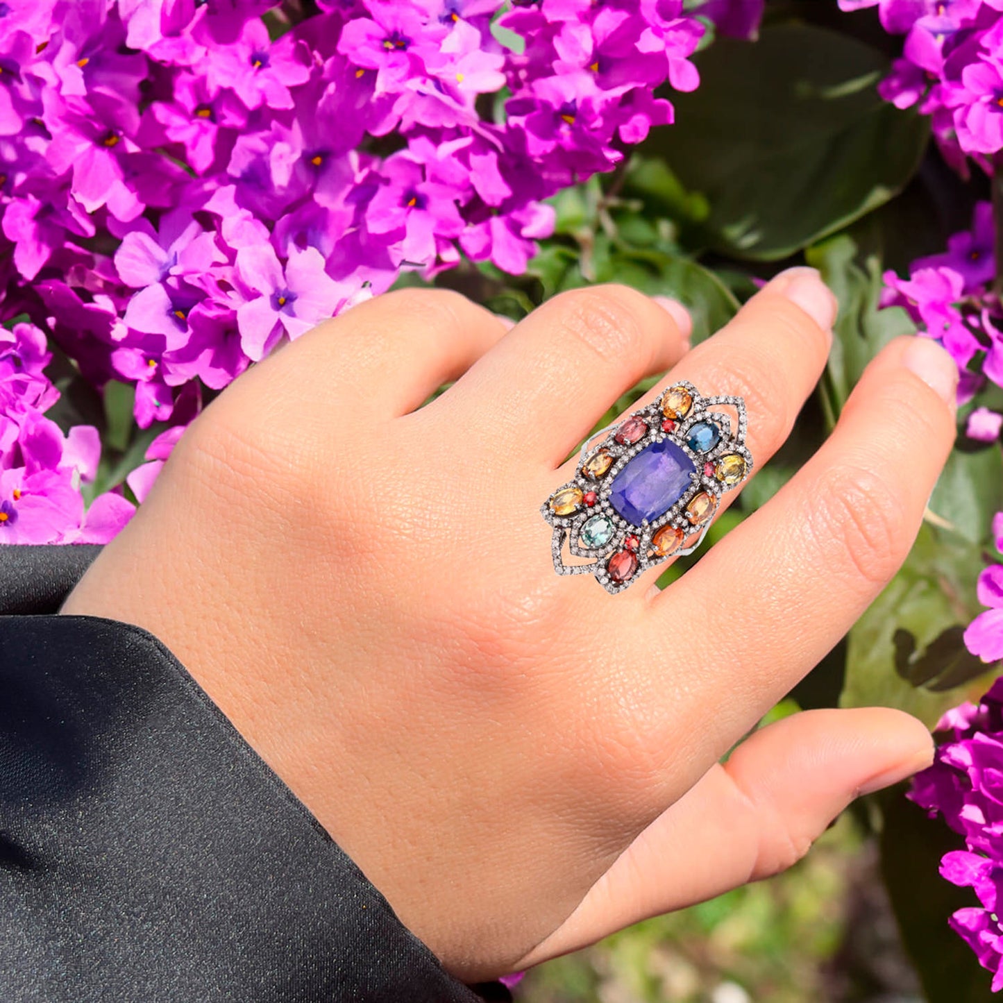 Natural Mixed Gemstones Ring With Diamonds 11.4 Carats Sterling Silver