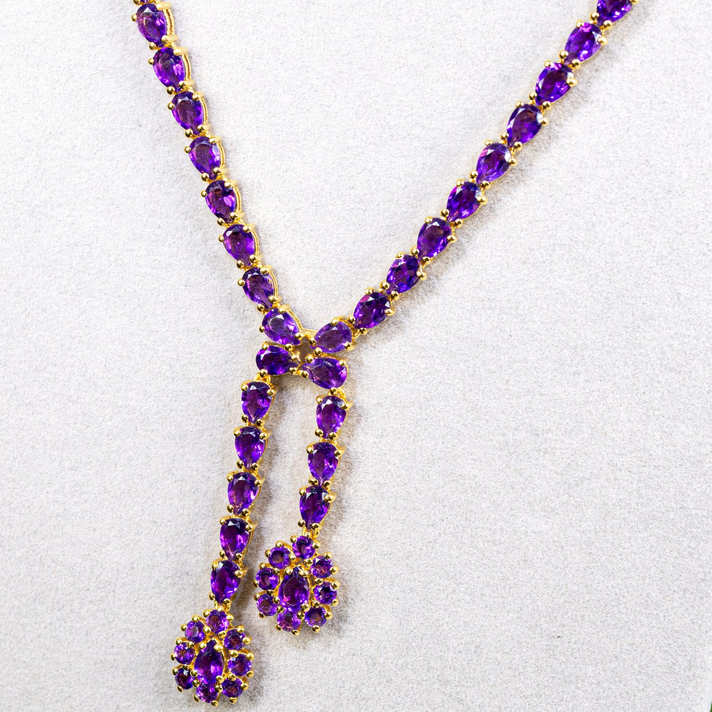 Natural Amethyst Double Drop Necklace 32 Carats 24K Yellow Gold Plated Silver