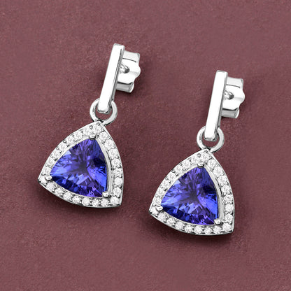 Tanzanite Dangle Earrings With Diamonds 3.86 Carats 14K White Gold