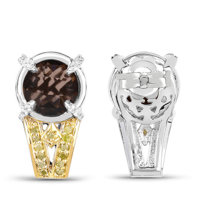 Smoky Quartz Stud Earrings Diamonds 3.7 Carats Rhodium Plated Silver